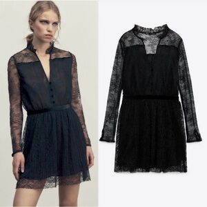 ZARA Black Lace Long Sleeve Mini Dress Size L Sheer Gothic Romantic
